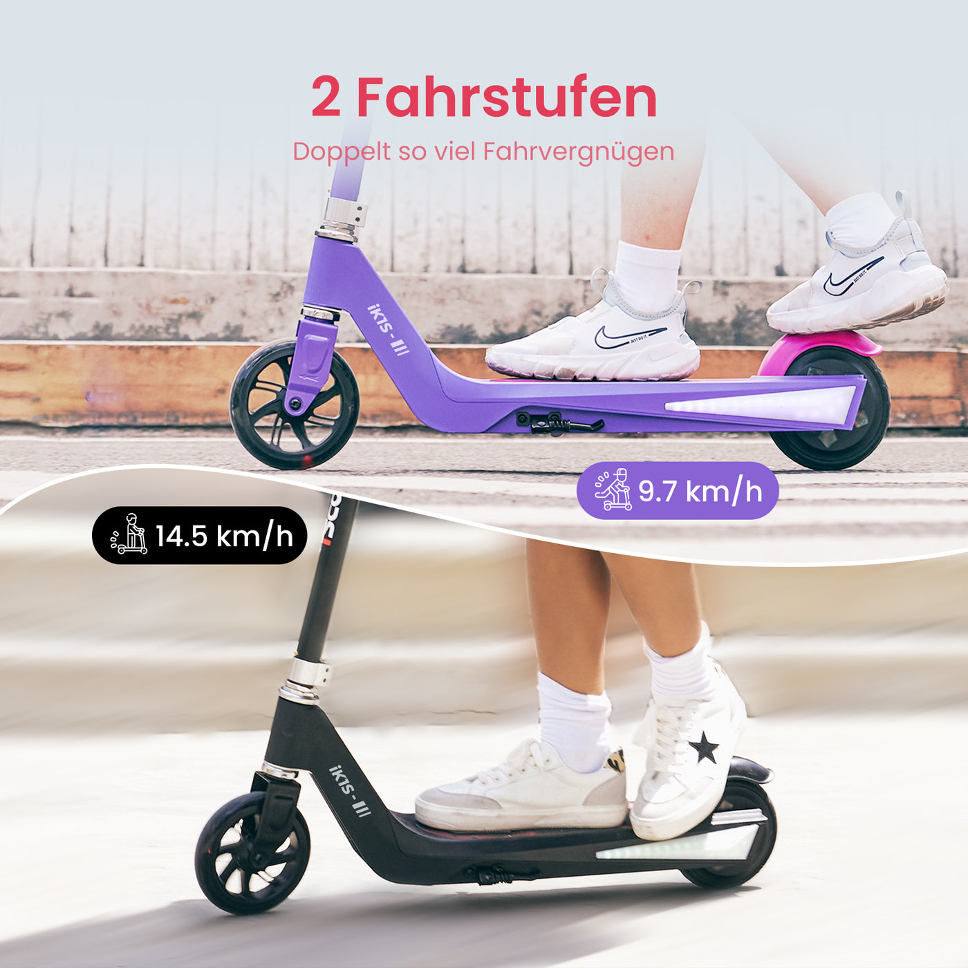 iScooter iK1S/iK2 Kinderroller mit leuchtenden Rädern