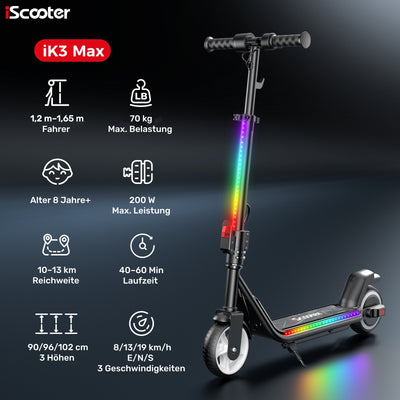 iScooter iK3/iK3Max Kinder E-Scooter 6″ mit LED & 3 Geschwindigkeiten